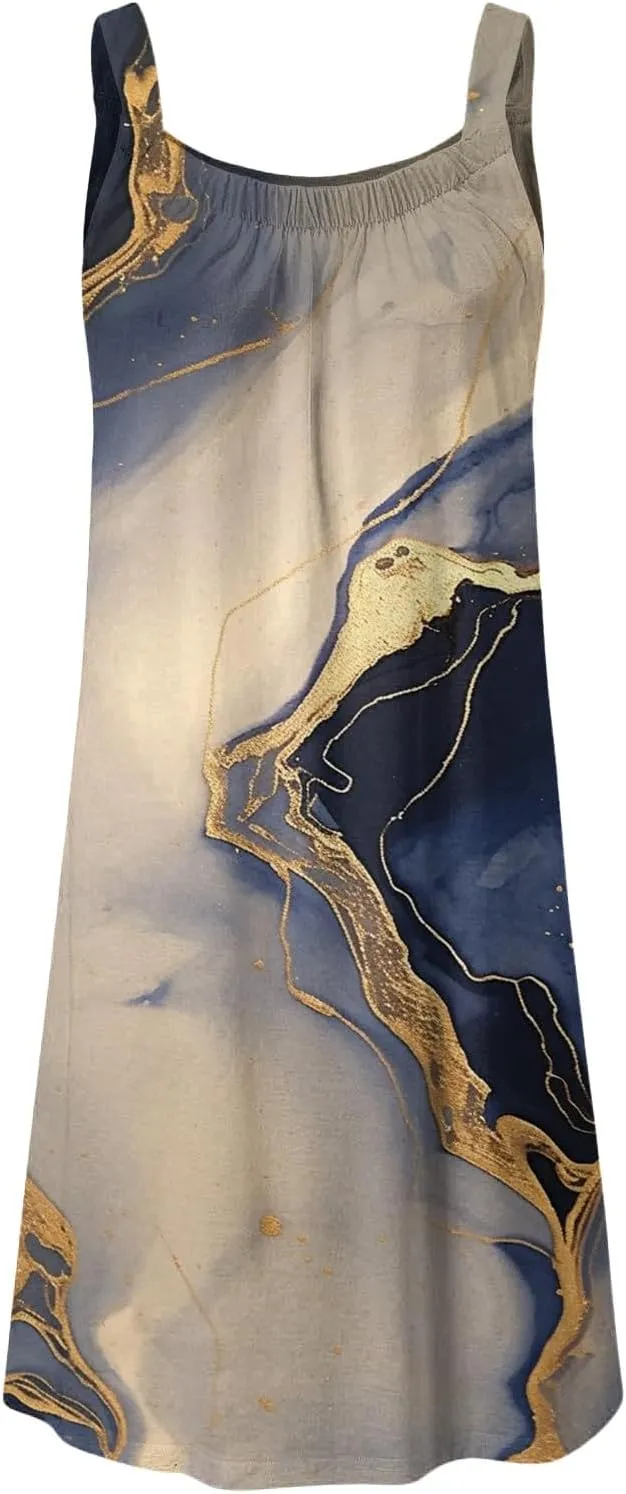 2024 Women's Sundress Summer Trendy Pleated Tank Dress Cute Sleeveless Crew Neck Mini Dresses Beach Vacation Sun Dress