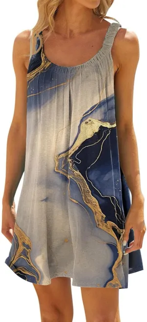 2024 Women's Sundress Summer Trendy Pleated Tank Dress Cute Sleeveless Crew Neck Mini Dresses Beach Vacation Sun Dress
