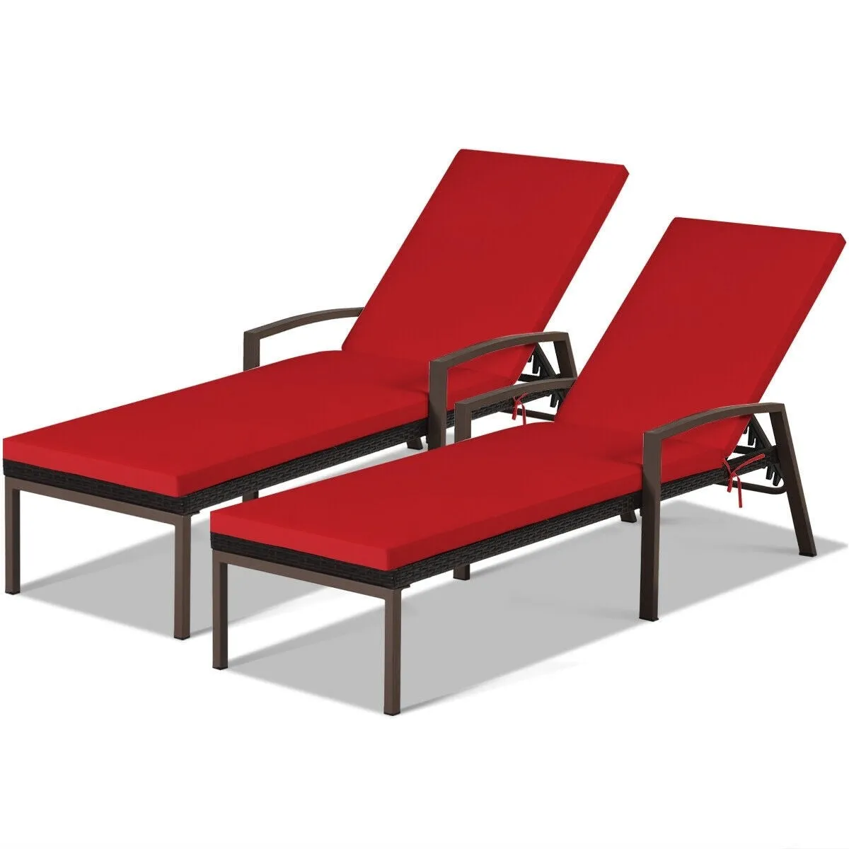 2pc Adjustable Wicker Rattan Patio Chaise Lounge Chair - Red