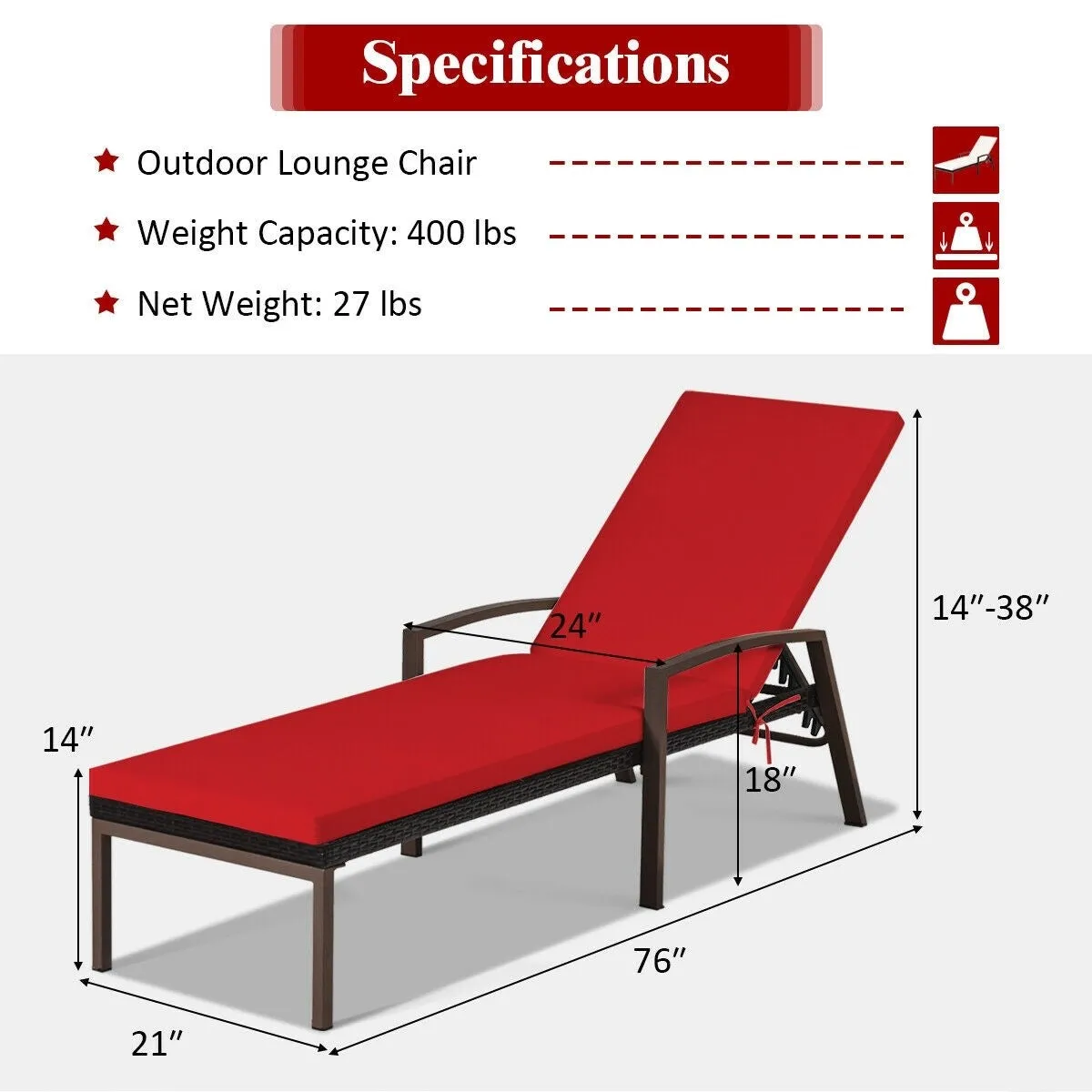 2pc Adjustable Wicker Rattan Patio Chaise Lounge Chair - Red