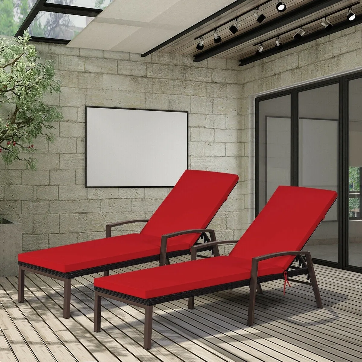 2pc Adjustable Wicker Rattan Patio Chaise Lounge Chair - Red