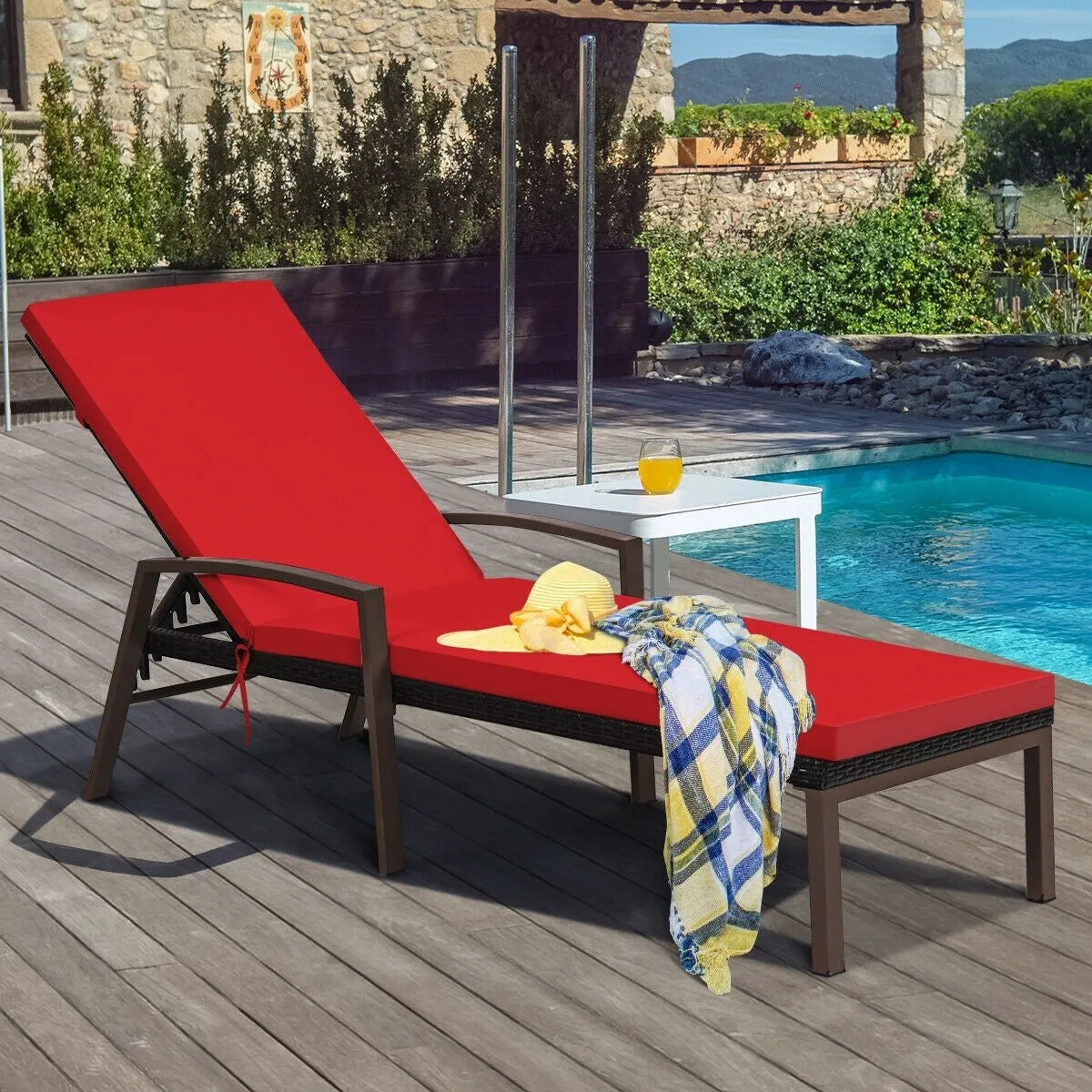 2pc Adjustable Wicker Rattan Patio Chaise Lounge Chair - Red