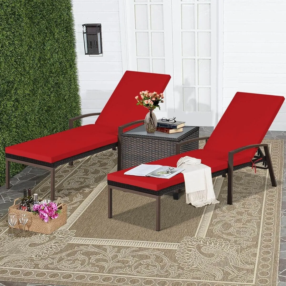 2pc Adjustable Wicker Rattan Patio Chaise Lounge Chair - Red