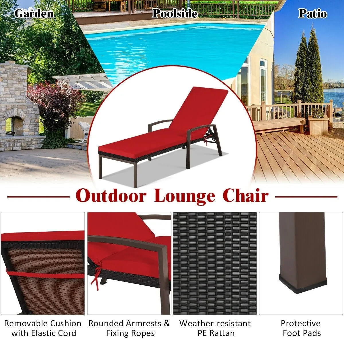 2pc Adjustable Wicker Rattan Patio Chaise Lounge Chair - Red