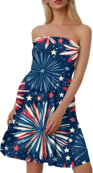 4th of July Dresses for Women American Flag Strapless Sundress Summer Beach Boho Smocked Tube Top Dress