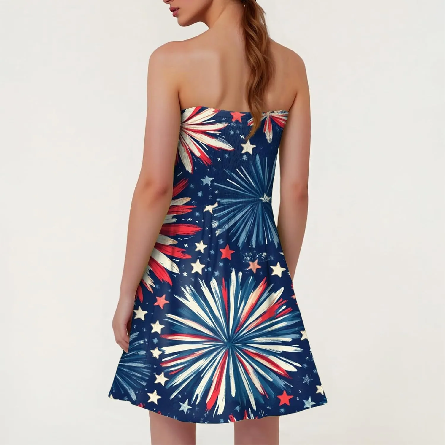 4th of July Dresses for Women American Flag Strapless Sundress Summer Beach Boho Smocked Tube Top Dress