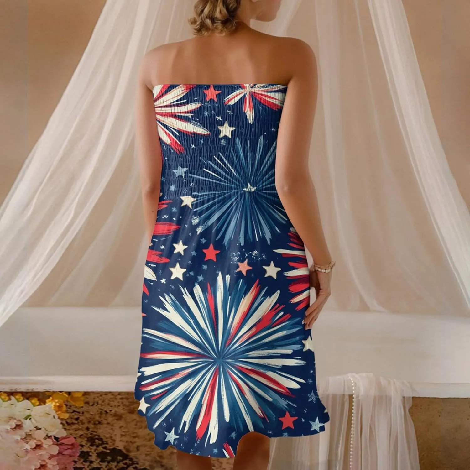 4th of July Dresses for Women American Flag Strapless Sundress Summer Beach Boho Smocked Tube Top Dress