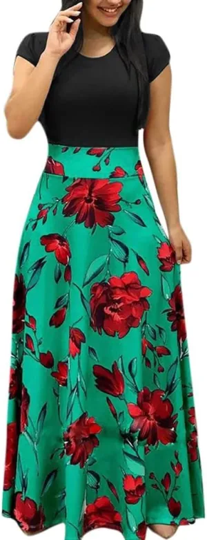 ADHOWBEW Maxi Dress for Women Plus Size Elegant Floral Print Short Sleeve Long Dress Casual O Neck Empire Waist Dress