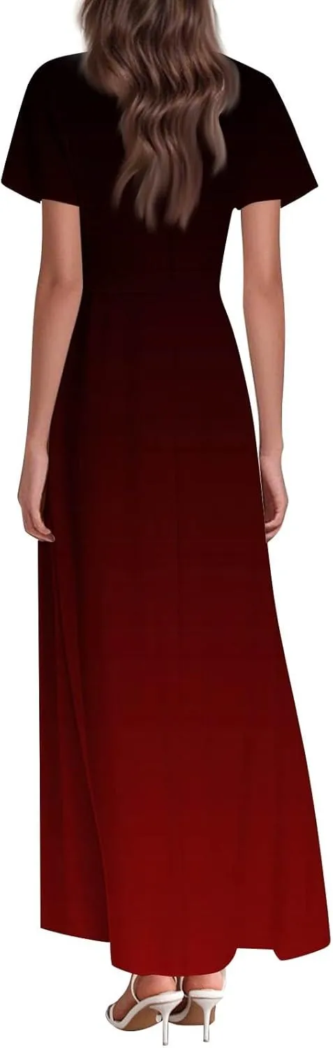 ADHOWBEW Midi Summer Dresses for Women Striped Printed Short Sleeve Maxi V Neck Dresses