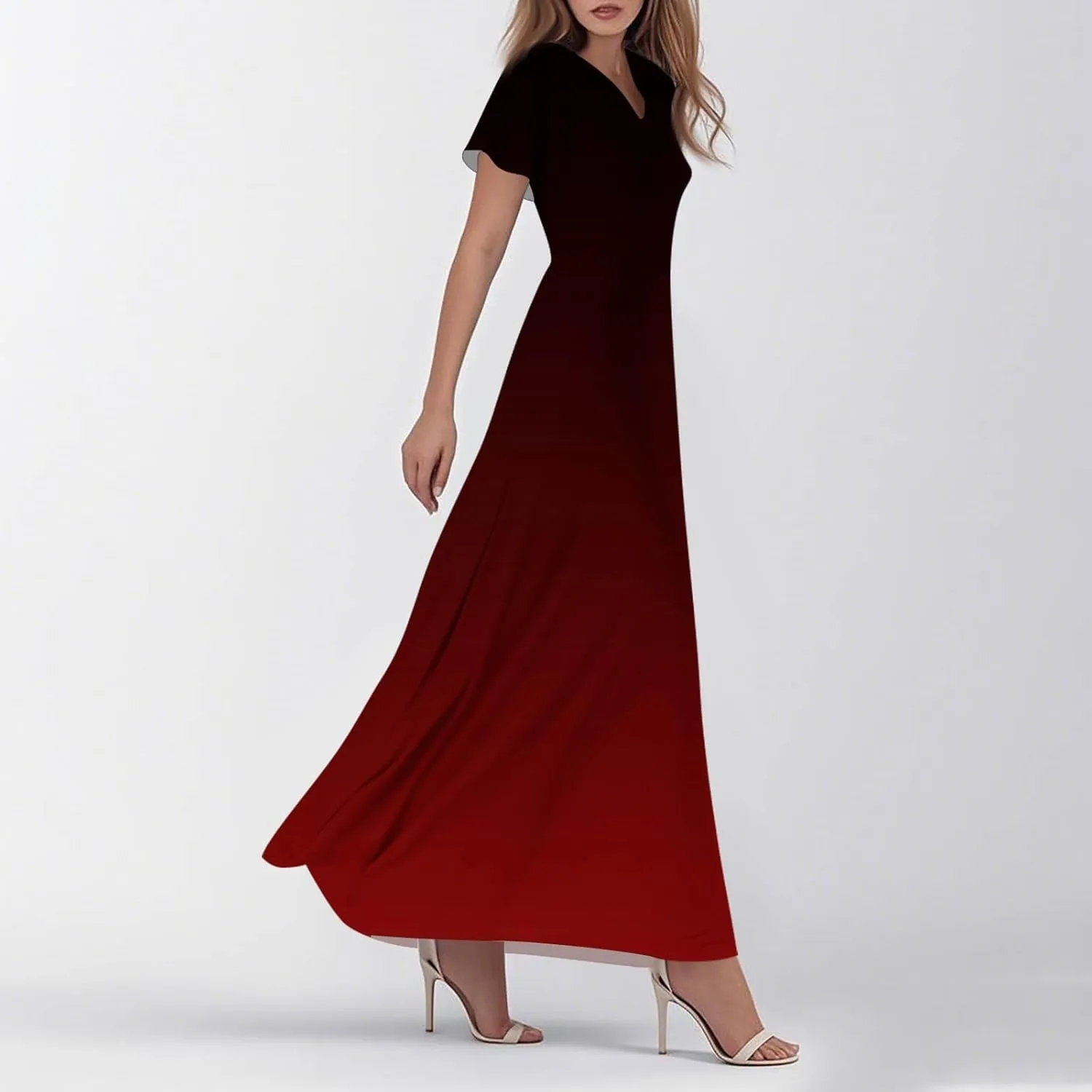 ADHOWBEW Midi Summer Dresses for Women Striped Printed Short Sleeve Maxi V Neck Dresses