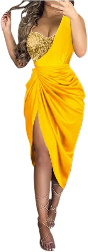 ADHOWBEW Womens One Shoulder Sequin Cocktail Dresses Sexy Slit Plus Size Wedding Guest Party Homecoming Dresses