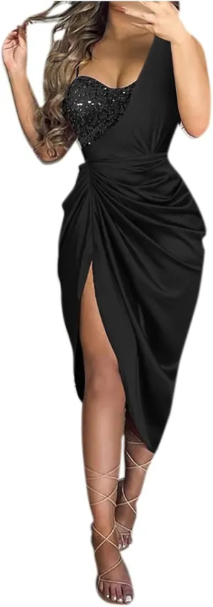 ADHOWBEW Womens One Shoulder Sequin Cocktail Dresses Sexy Slit Plus Size Wedding Guest Party Homecoming Dresses