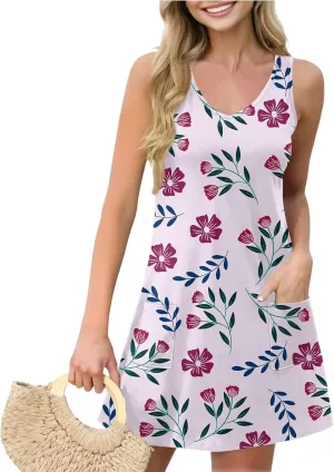 ADHOWBEW Womens Spring Dress Hawaiian V Neck Loose Fit Tropical Print Sexy Casual Comfy Trendy Cute Sleeveless Tank Dresses