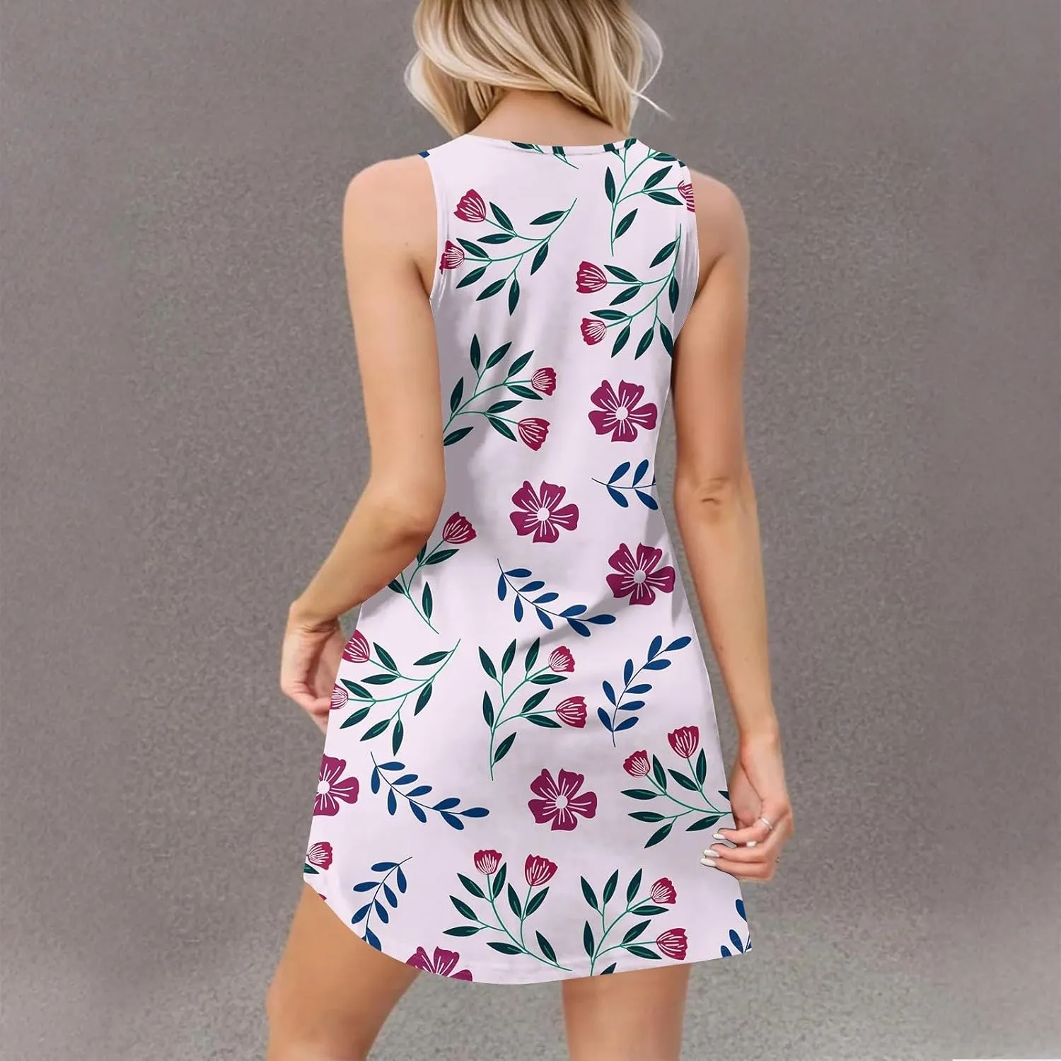 ADHOWBEW Womens Spring Dress Hawaiian V Neck Loose Fit Tropical Print Sexy Casual Comfy Trendy Cute Sleeveless Tank Dresses