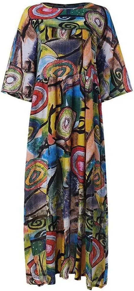 aihihe Womens Loose Long Casual Plus Size Dress 3/4 Sleeve Pocket Print Kaftan Beach Maxi Long Dress