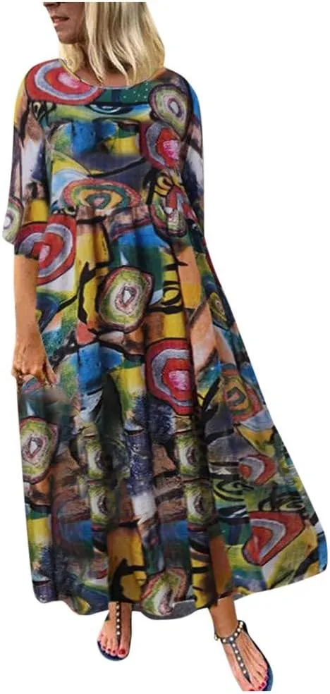 aihihe Womens Loose Long Casual Plus Size Dress 3/4 Sleeve Pocket Print Kaftan Beach Maxi Long Dress