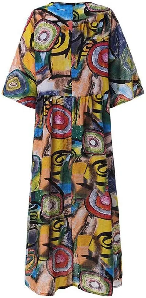 aihihe Womens Loose Long Casual Plus Size Dress 3/4 Sleeve Pocket Print Kaftan Beach Maxi Long Dress