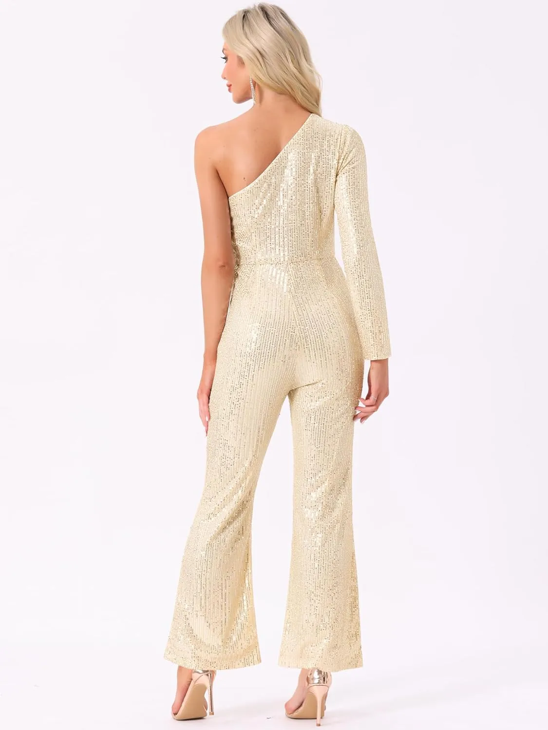 Allegra K Sequin Jumpsuits for Women's One Shoulder See Through Wide Legs Party Romper
