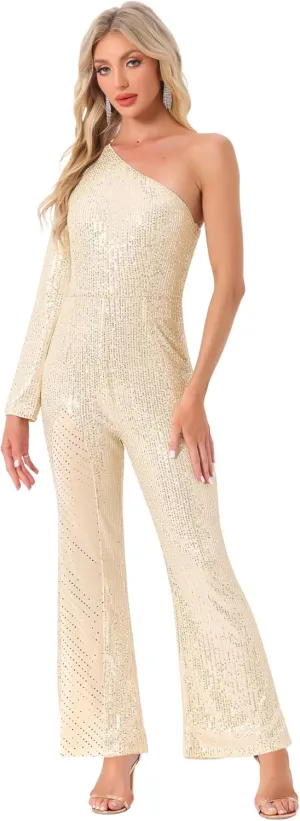Allegra K Sequin Jumpsuits for Women's One Shoulder See Through Wide Legs Party Romper