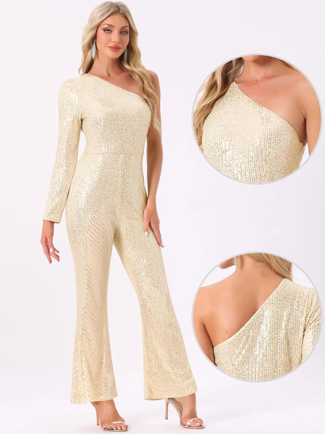 Allegra K Sequin Jumpsuits for Women's One Shoulder See Through Wide Legs Party Romper