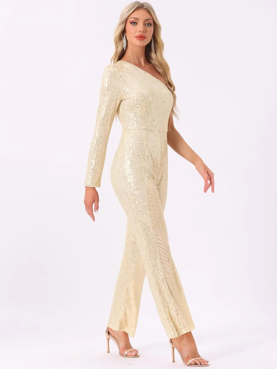 Allegra K Sequin Jumpsuits for Women's One Shoulder See Through Wide Legs Party Romper