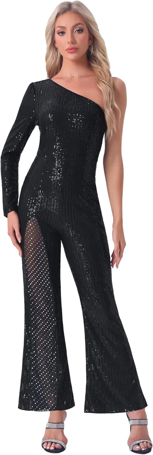 Allegra K Sequin Jumpsuits for Women's One Shoulder See Through Wide Legs Party Romper