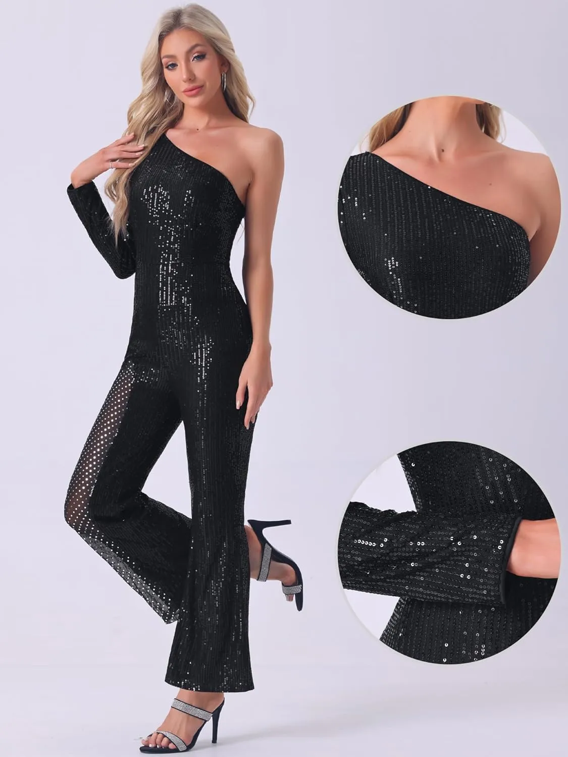 Allegra K Sequin Jumpsuits for Women's One Shoulder See Through Wide Legs Party Romper