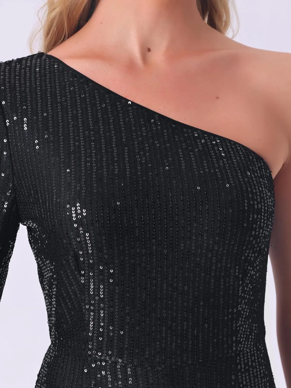 Allegra K Sequin Jumpsuits for Women's One Shoulder See Through Wide Legs Party Romper