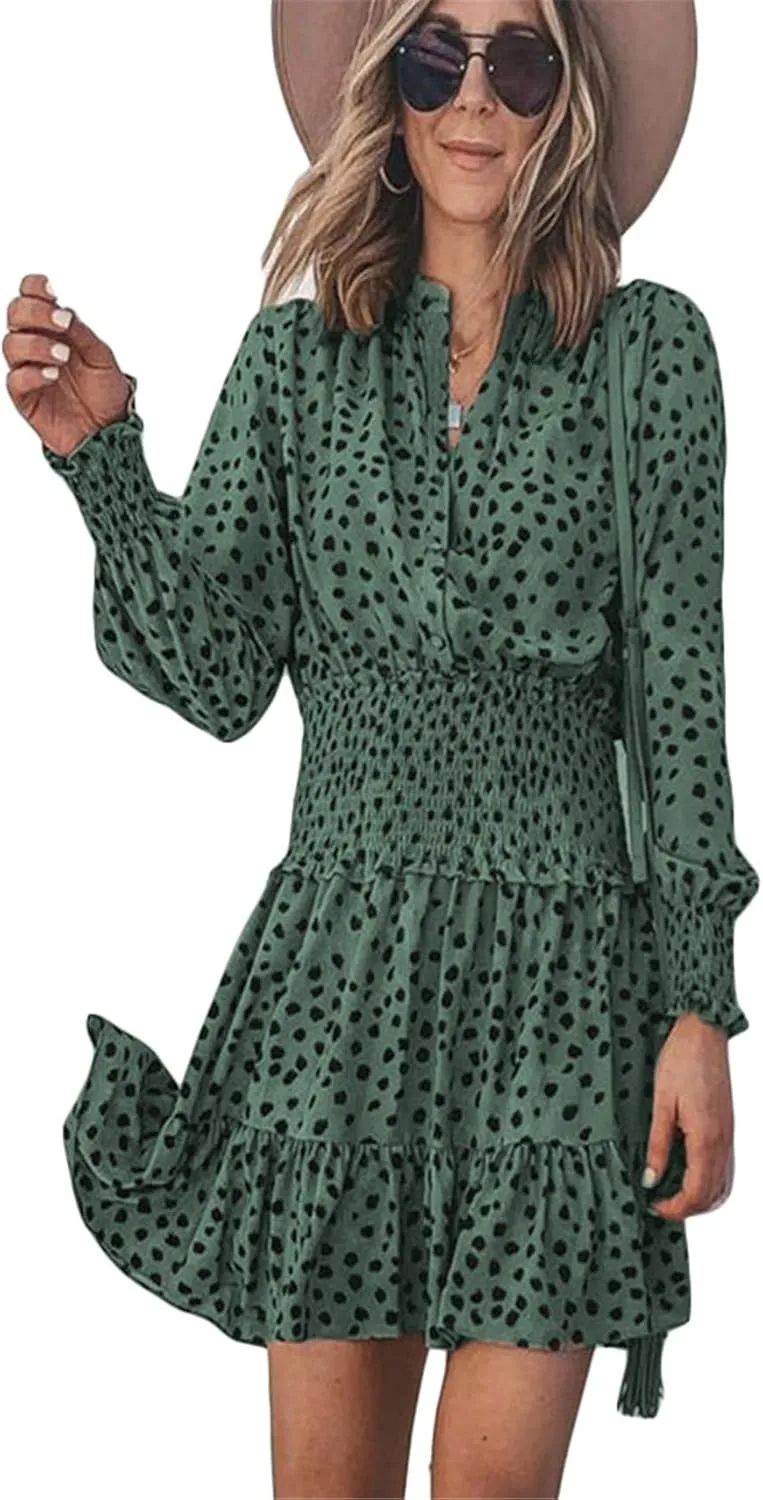Andongnywell Womens V Neck Polka Dot Dresses Ruffle Swing Mini Dress Elastic Waist Skater Dress Long Sleeve Dresses