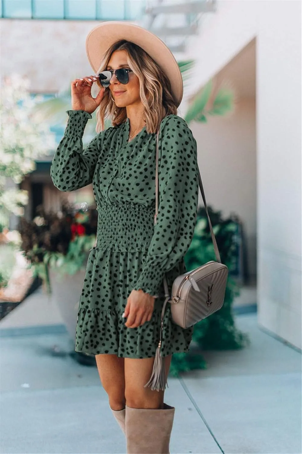 Andongnywell Womens V Neck Polka Dot Dresses Ruffle Swing Mini Dress Elastic Waist Skater Dress Long Sleeve Dresses