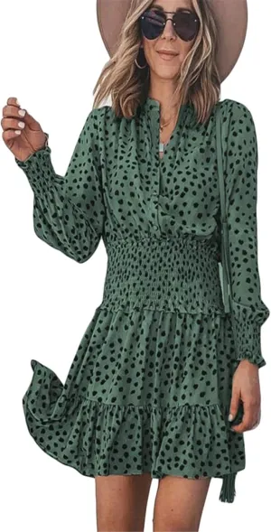 Andongnywell Womens V Neck Polka Dot Dresses Ruffle Swing Mini Dress Elastic Waist Skater Dress Long Sleeve Dresses
