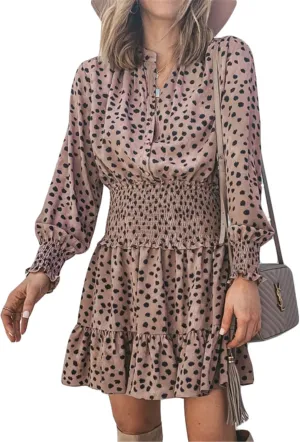 Andongnywell Womens V Neck Polka Dot Dresses Ruffle Swing Mini Dress Elastic Waist Skater Dress Long Sleeve Dresses