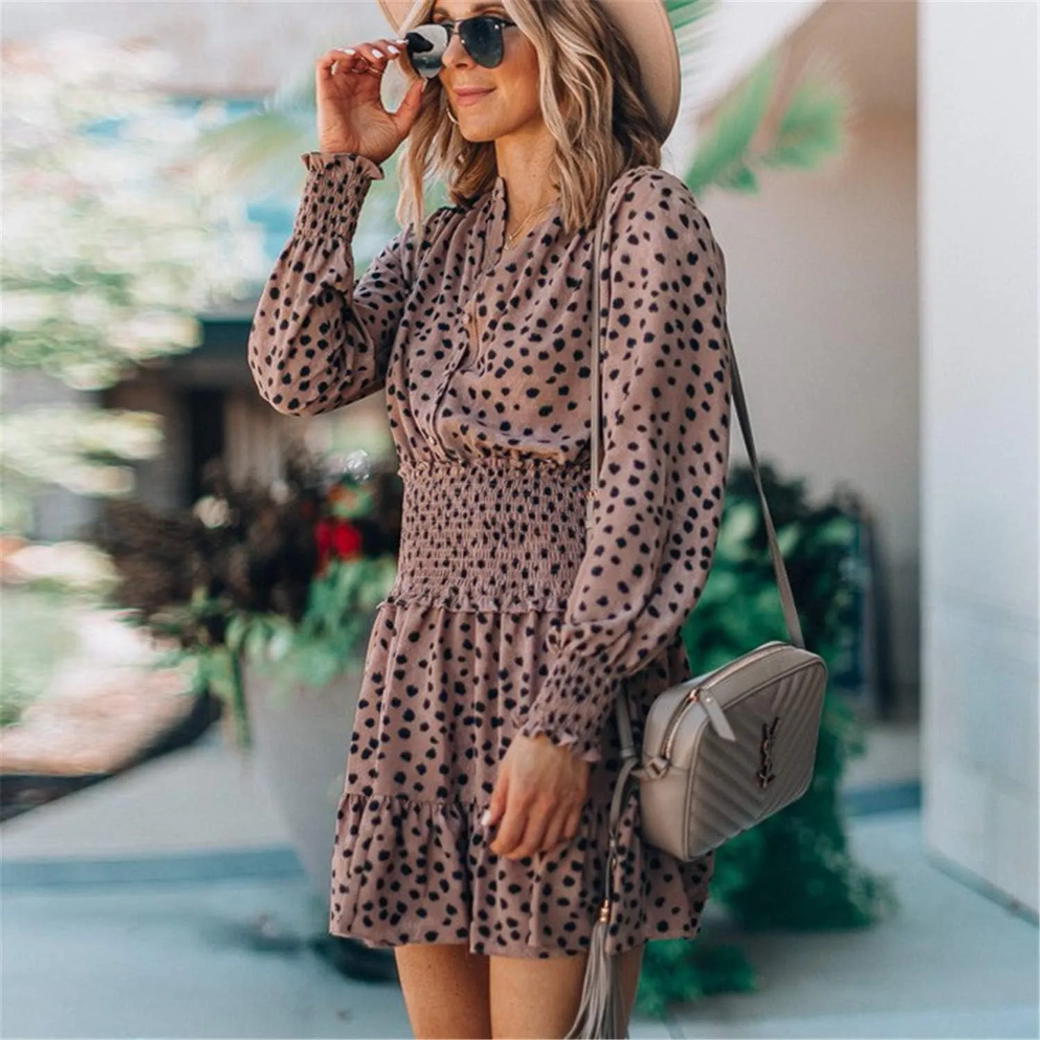 Andongnywell Womens V Neck Polka Dot Dresses Ruffle Swing Mini Dress Elastic Waist Skater Dress Long Sleeve Dresses