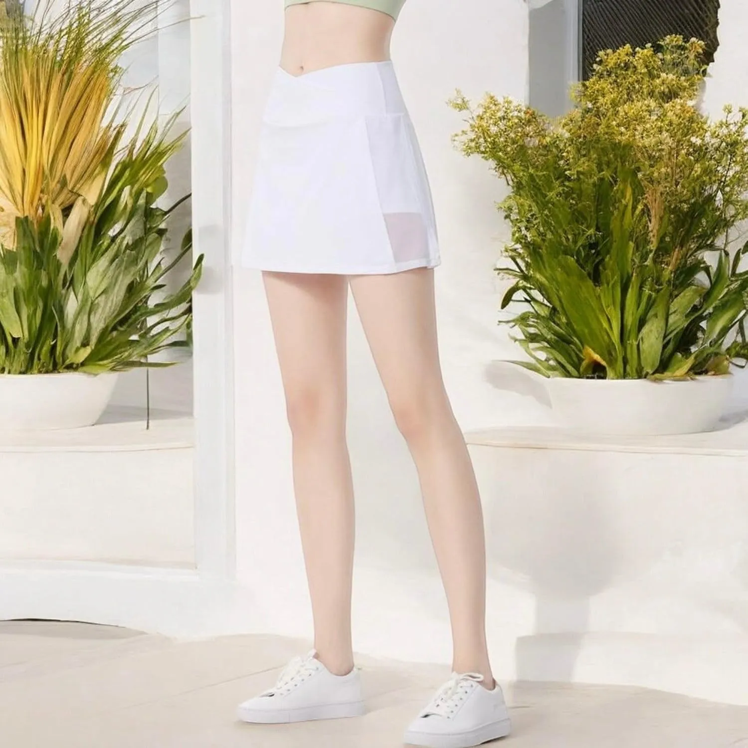 Anna-Kaci Women's High Waist Wrap Front Mesh Panel Athletic Skort with Built-in Shorts
