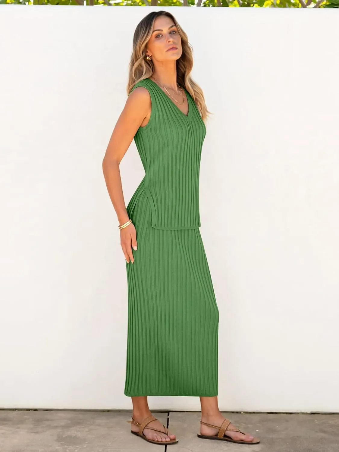 ANRABESS 2 Piece Sweater Skirt Sets for Women Sleeveless V Neck Ribbed Vest Tops Knits Casual Midi Dresses 2025 Summer Outfit