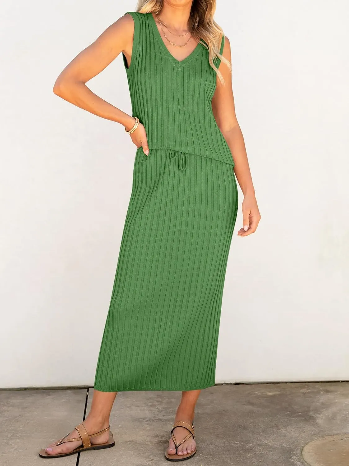 ANRABESS 2 Piece Sweater Skirt Sets for Women Sleeveless V Neck Ribbed Vest Tops Knits Casual Midi Dresses 2025 Summer Outfit