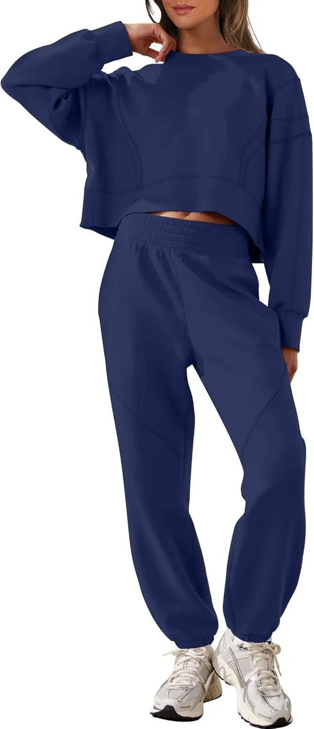 ANRABESS Womens 2 Piece Outfits Lounge Sets Cropped Sweatshirt & Joggers Fashion Sweatsuit Sweat Set 2025 Spring Travel