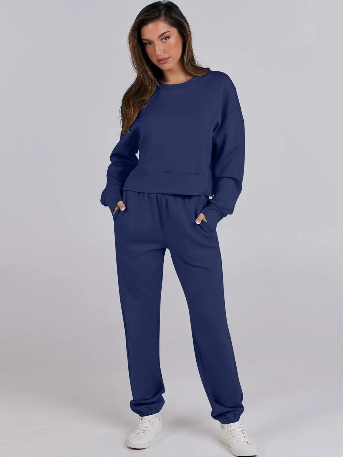 ANRABESS Womens 2 Piece Outfits Lounge Sets Cropped Sweatshirt & Joggers Fashion Sweatsuit Sweat Set 2025 Spring Travel