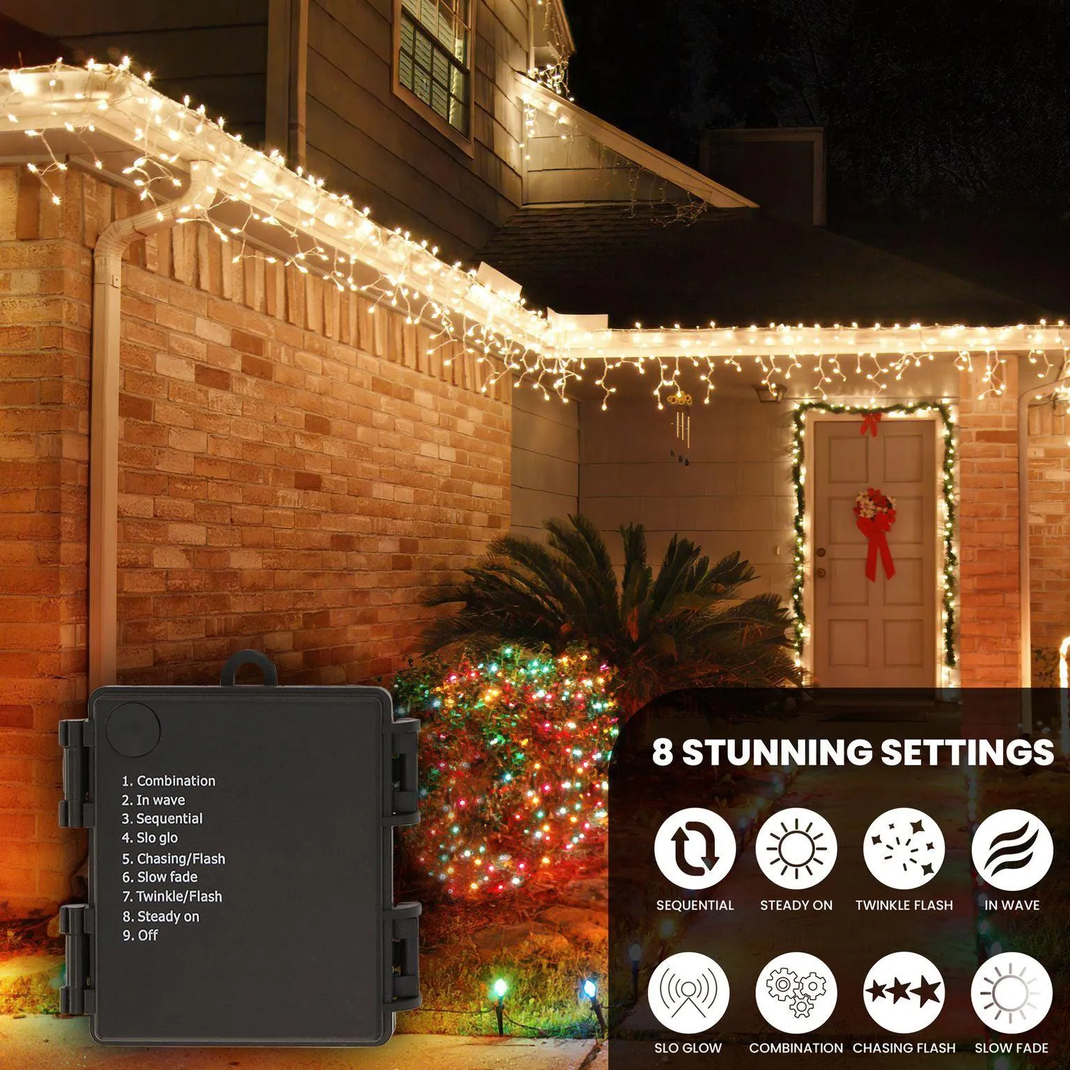 Battery Operated 8 Function LED Icicle Lights (180 Lights) - Warm White Lights