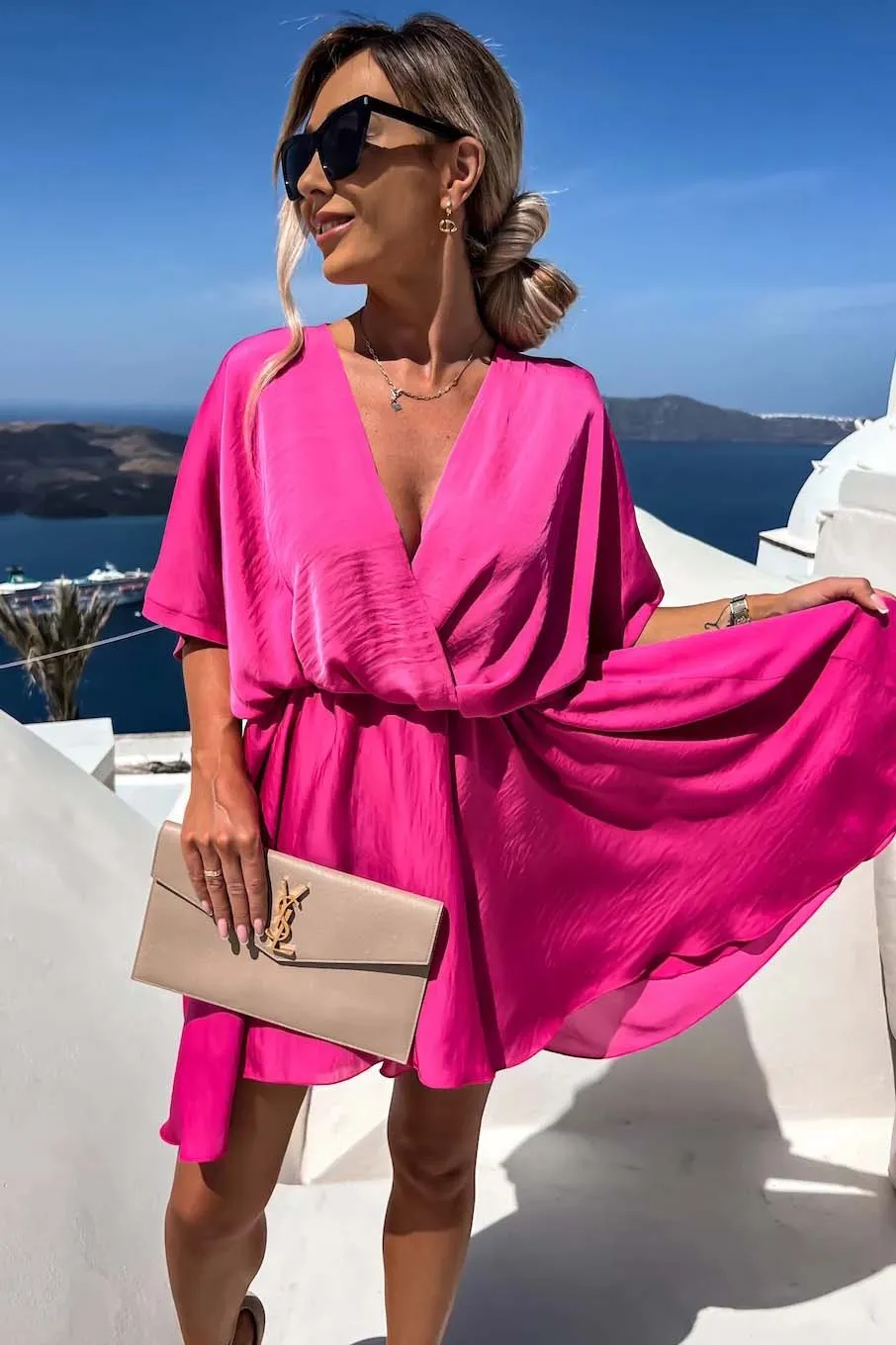 Batwing Sleeve Flowly V Neck Bat Mini Dress-AL9508