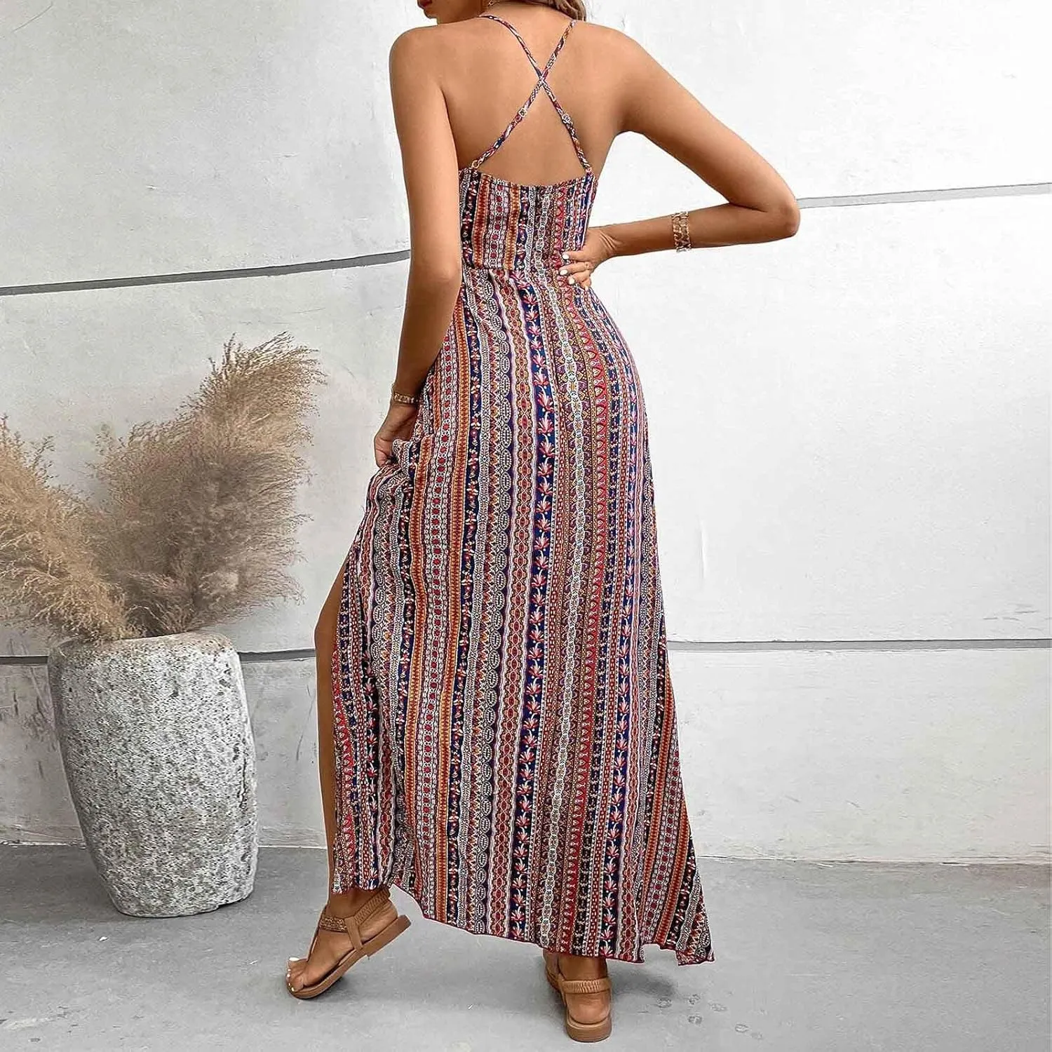 Beach Dresses for Women Colorful Striped Strap V Neck Summer Dress Casual Boho Split Vacation Long Flowy Sundress