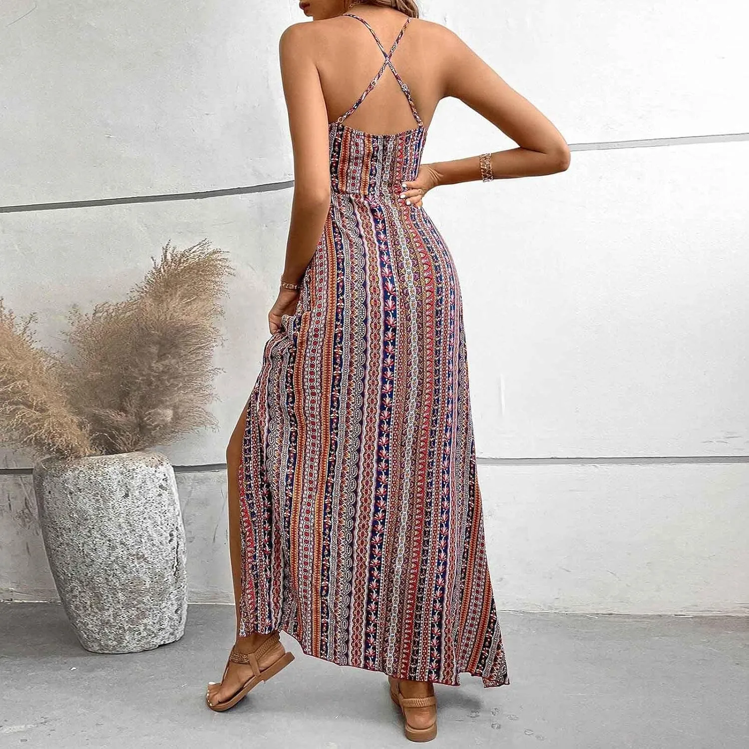 Beach Dresses for Women Colorful Striped Strap V Neck Summer Dress Casual Boho Split Vacation Long Flowy Sundress