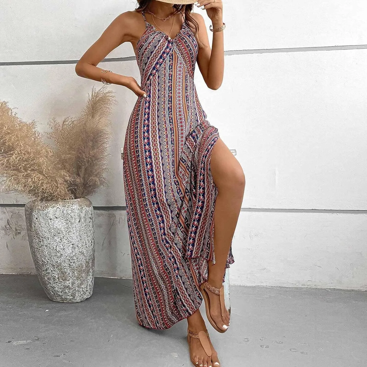 Beach Dresses for Women Colorful Striped Strap V Neck Summer Dress Casual Boho Split Vacation Long Flowy Sundress