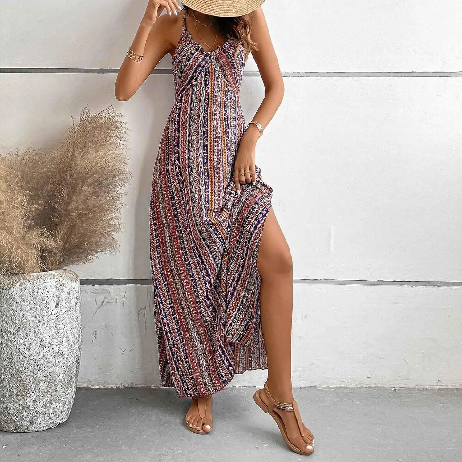 Beach Dresses for Women Colorful Striped Strap V Neck Summer Dress Casual Boho Split Vacation Long Flowy Sundress