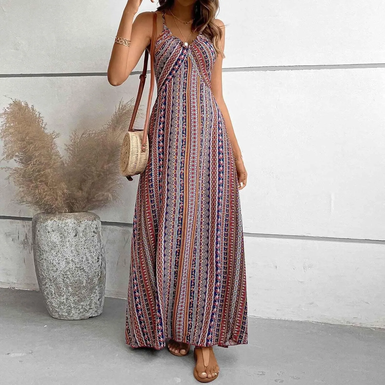Beach Dresses for Women Colorful Striped Strap V Neck Summer Dress Casual Boho Split Vacation Long Flowy Sundress