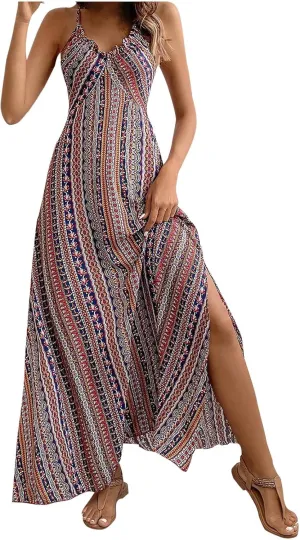 Beach Dresses for Women Colorful Striped Strap V Neck Summer Dress Casual Boho Split Vacation Long Flowy Sundress