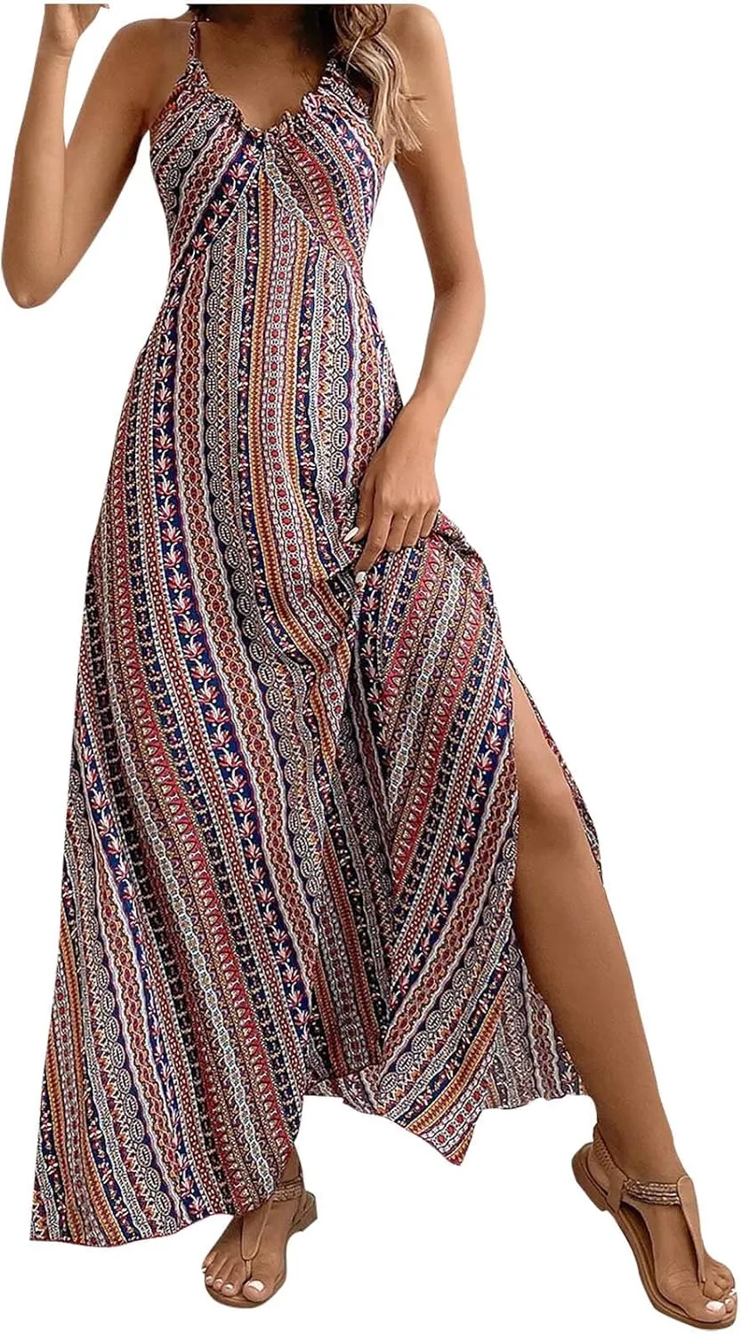 Beach Dresses for Women Colorful Striped Strap V Neck Summer Dress Casual Boho Split Vacation Long Flowy Sundress