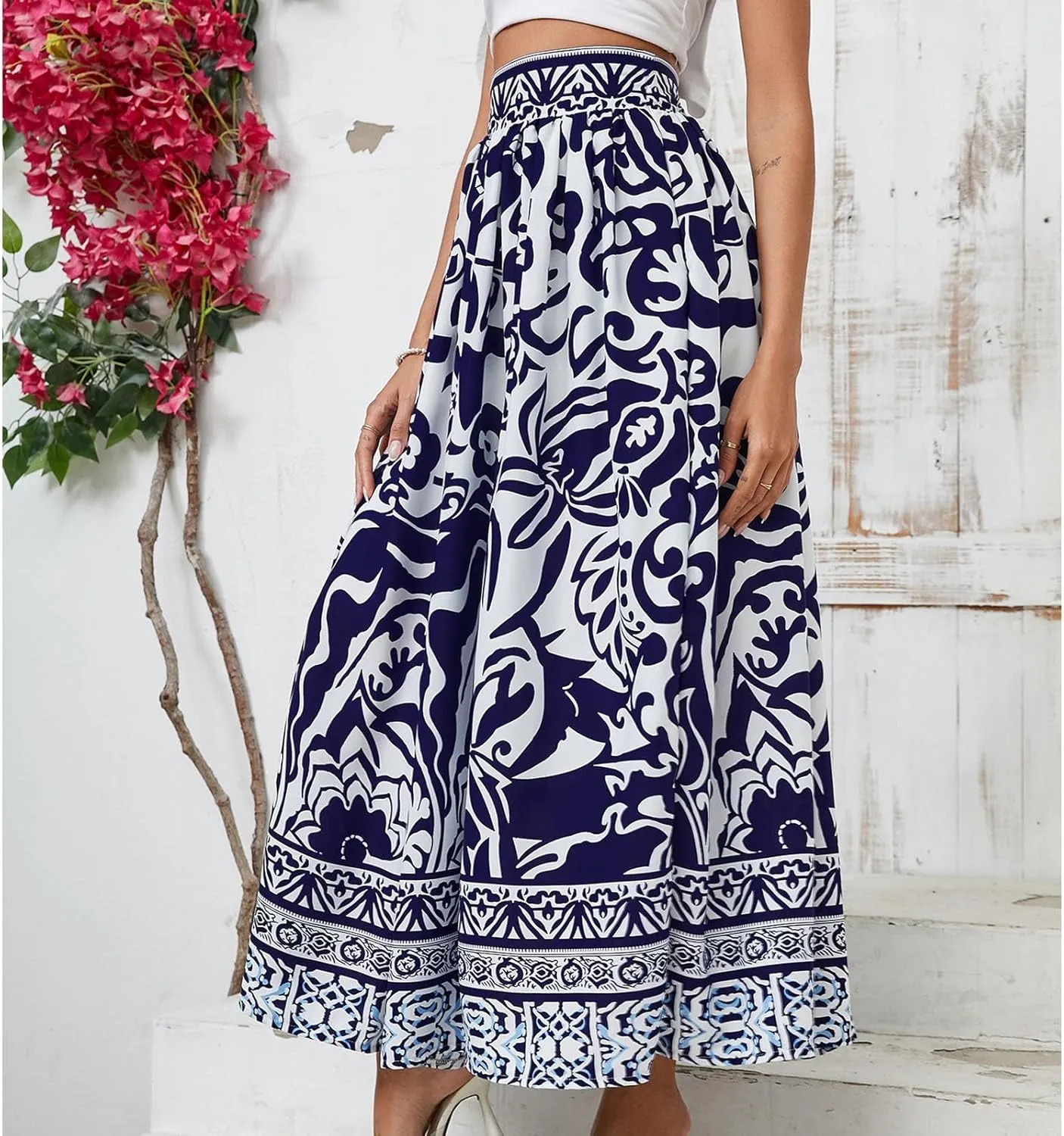 Beach Vacation Clothes for Women Summer Loose Casual Trendy Vintage Floral Printed Elastic Waist Boho Skirts, S-XL
