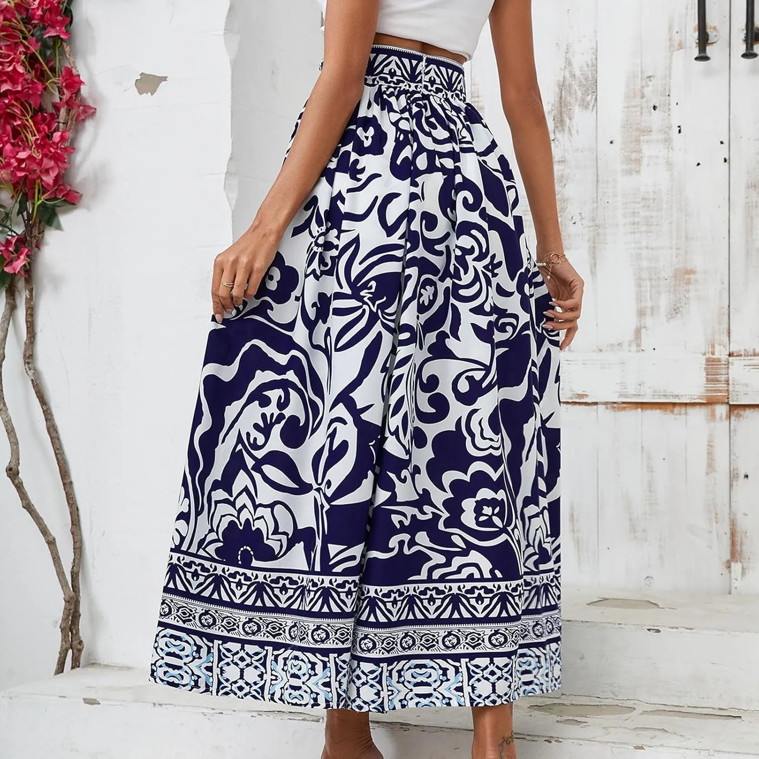 Beach Vacation Clothes for Women Summer Loose Casual Trendy Vintage Floral Printed Elastic Waist Boho Skirts, S-XL