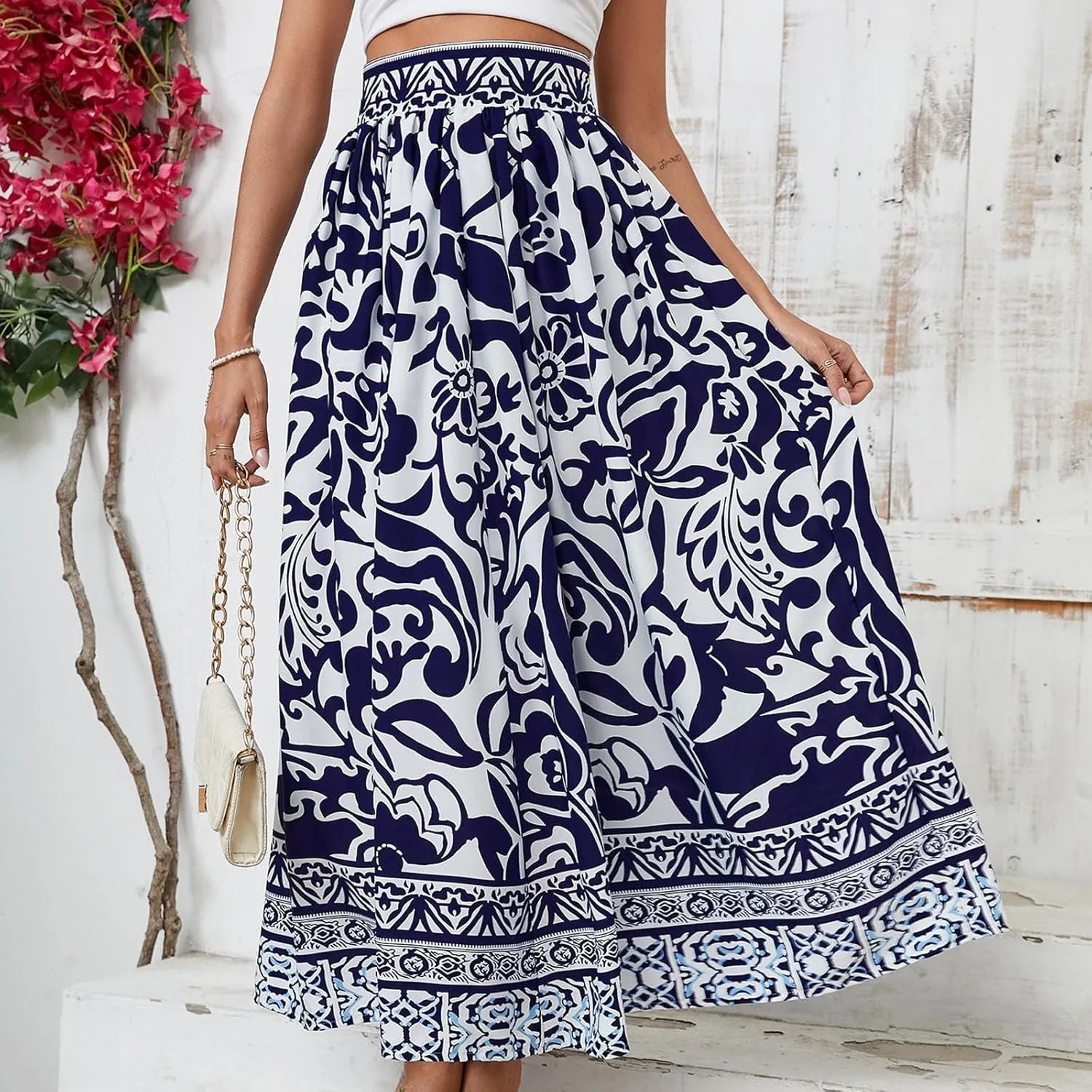 Beach Vacation Clothes for Women Summer Loose Casual Trendy Vintage Floral Printed Elastic Waist Boho Skirts, S-XL